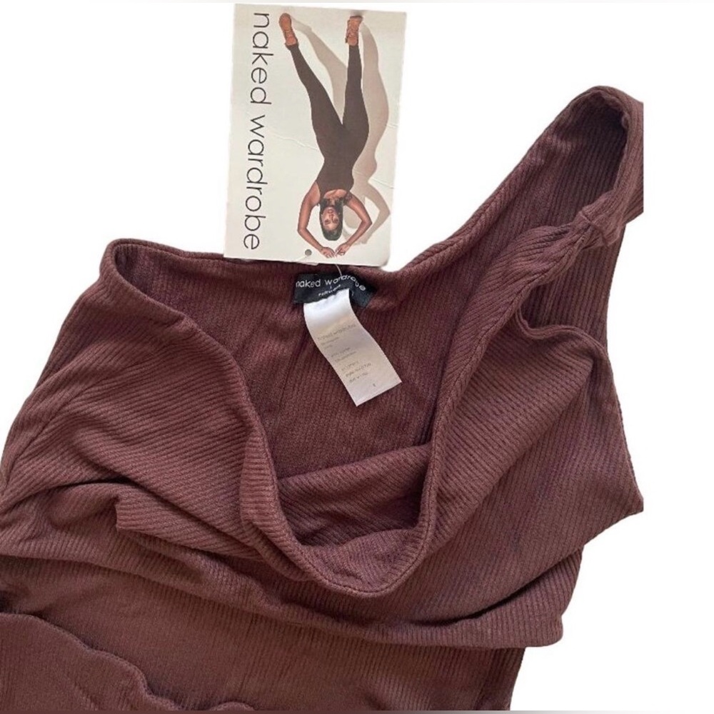NWT Naked Wardrobe One Shoulder Ribbed Jumpsuit - Chocolate - Picture 3 of 3
